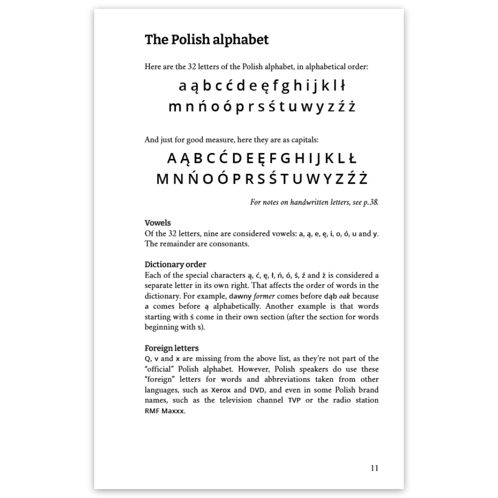 A printed informational book page about the Polish alphabet, showing lowercase and uppercase letters, vowel rules, dictionary order notes, and foreign letters, on a white page.