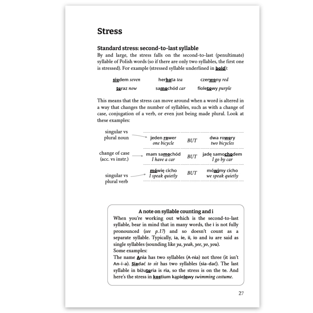 A printed educational book page titled 'Stress' showing syllable stress rules in Polish with example words and a note box at the bottom.