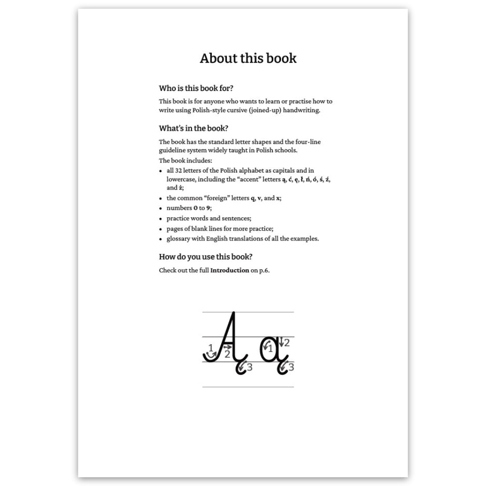 A printed book page cover titled 'About this book' with black text on a white page, showing an introduction to a Polish handwriting learning book and a small sample lettering exercise near the bottom showing capital A and lowercase a.