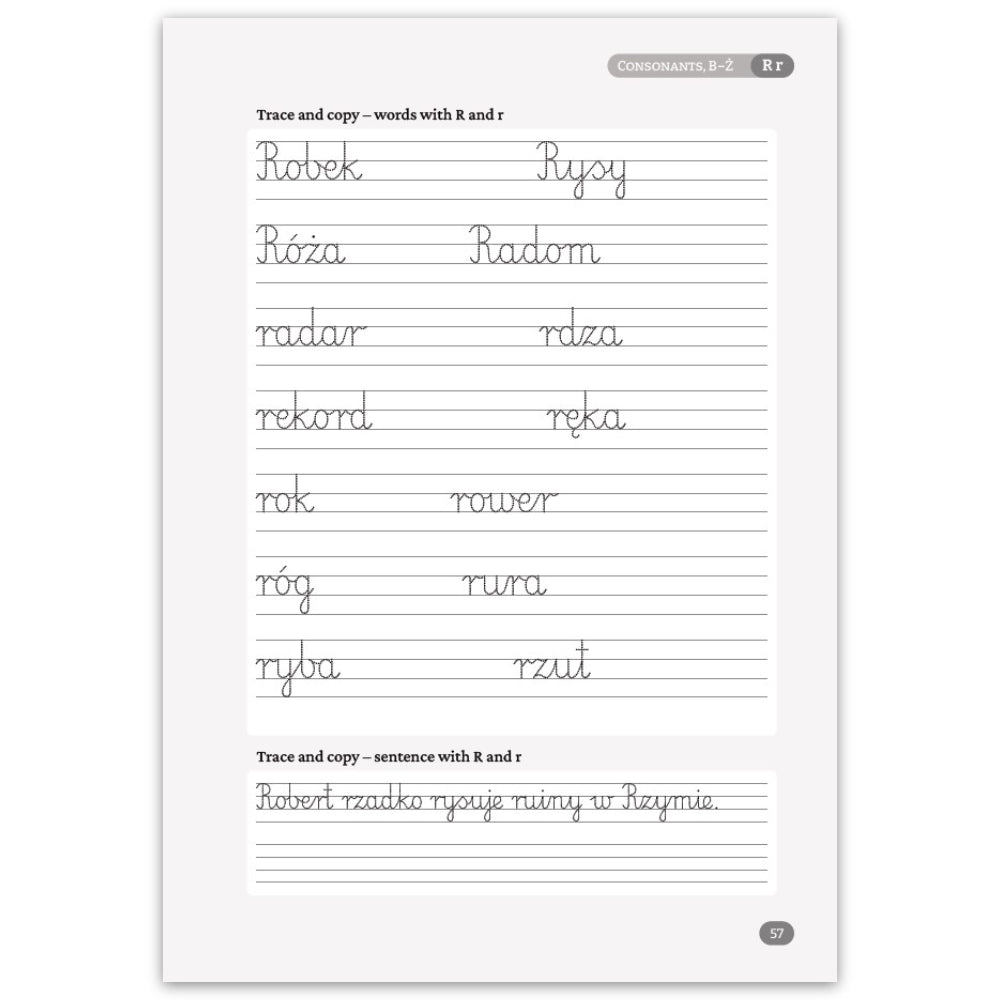 A handwriting practice sheet in Polish, featuring exercises to trace and copy words and a sentence with the letters capital R and lowercase r. The page has a white background with gray surround and lined writing areas.