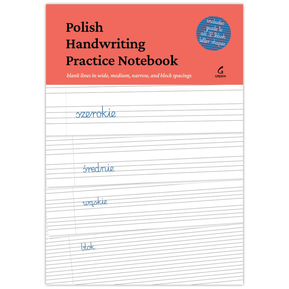 Polish Handwriting Practice Notebook cover shown front-facing on a white background. The top section is coral red with black title text and a blue circular badge stating "includes guide to all 32 Polish letter shapes".