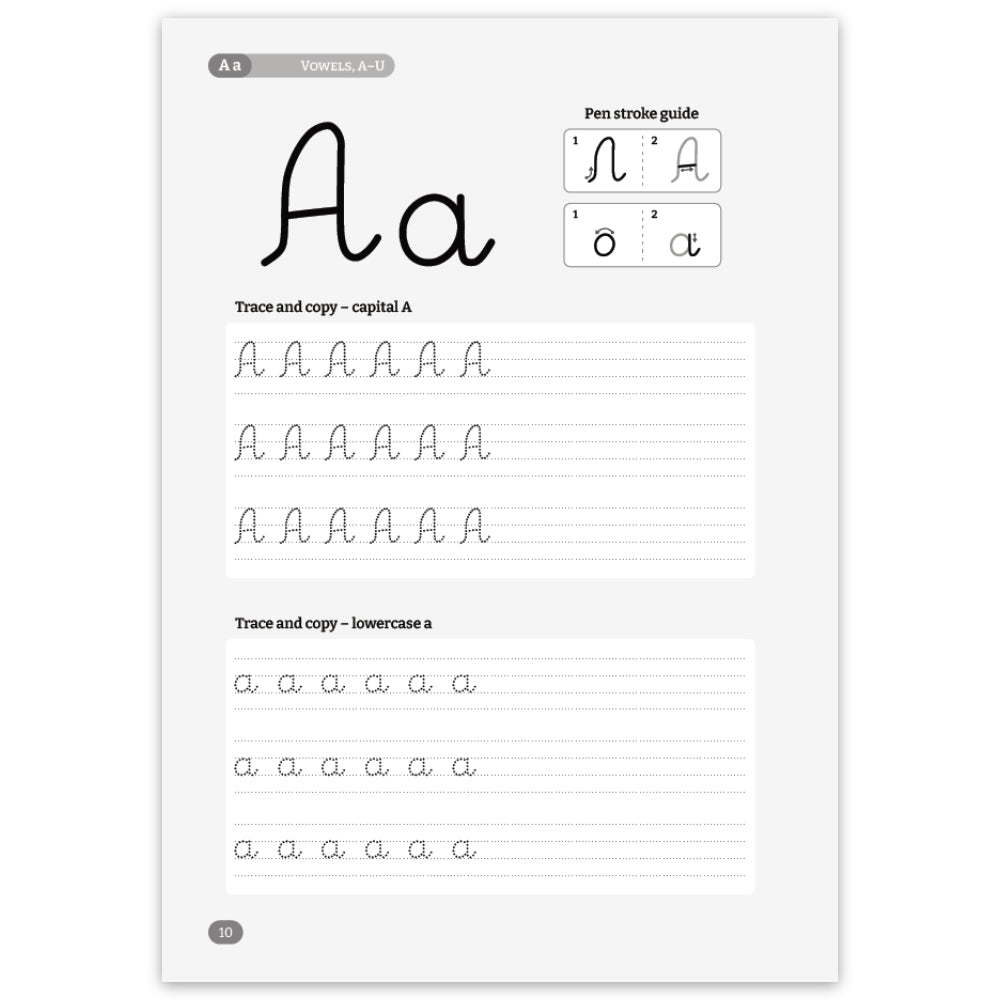 A handwriting practice sheet featuring the letter 'A' with uppercase and lowercase tracing exercises, plus a pen stroke guide and lined practice sections.