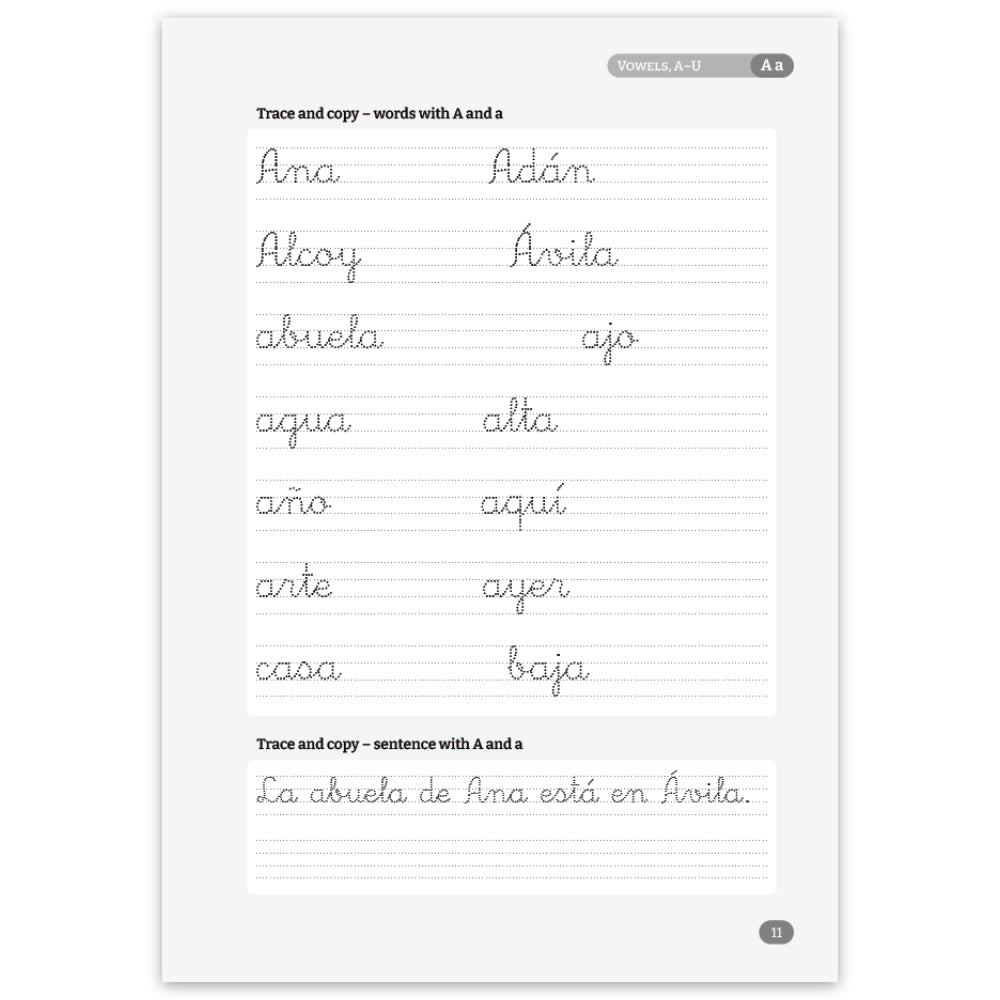 A Spanish language handwriting practice worksheet page with lined writing areas, exercises to trace and copy words beginning with the letter 'a' and a short sentence, and small tabs at the top reading 'Vowels, A–U'.