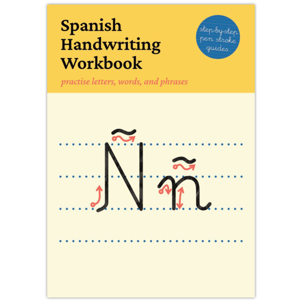 Spanish Handwriting Workbook cover featuring a yellow header with black title text, a blue circular badge, and a cream writing area showing the letter N with tilde accent, dotted guidance lines and red stroke arrows.