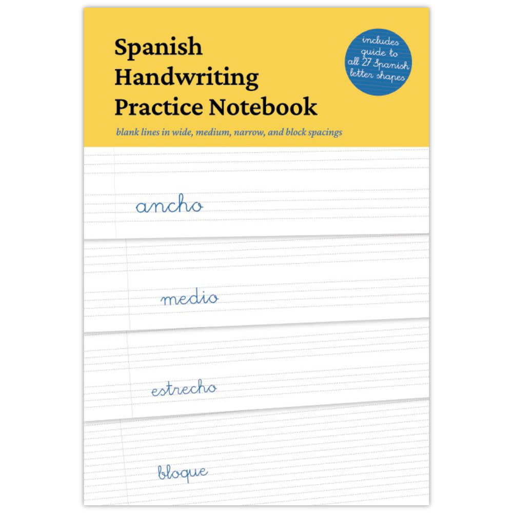 Spanish Handwriting Practice Notebook cover with a yellow header and white lined writing page samples showing cursive practice letters on lines of varying spacings from wide to narrow.