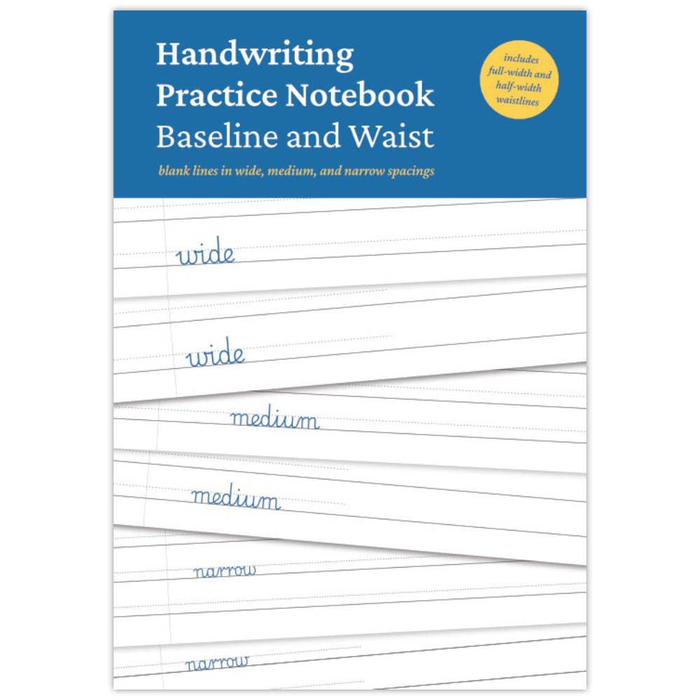 Handwriting Practice Notebook cover showing sample baseline and waist lines in wide, medium and narrow spacings on white paper, with a blue header and a yellow circular badge stating "includes full-width and half-width waistlines".