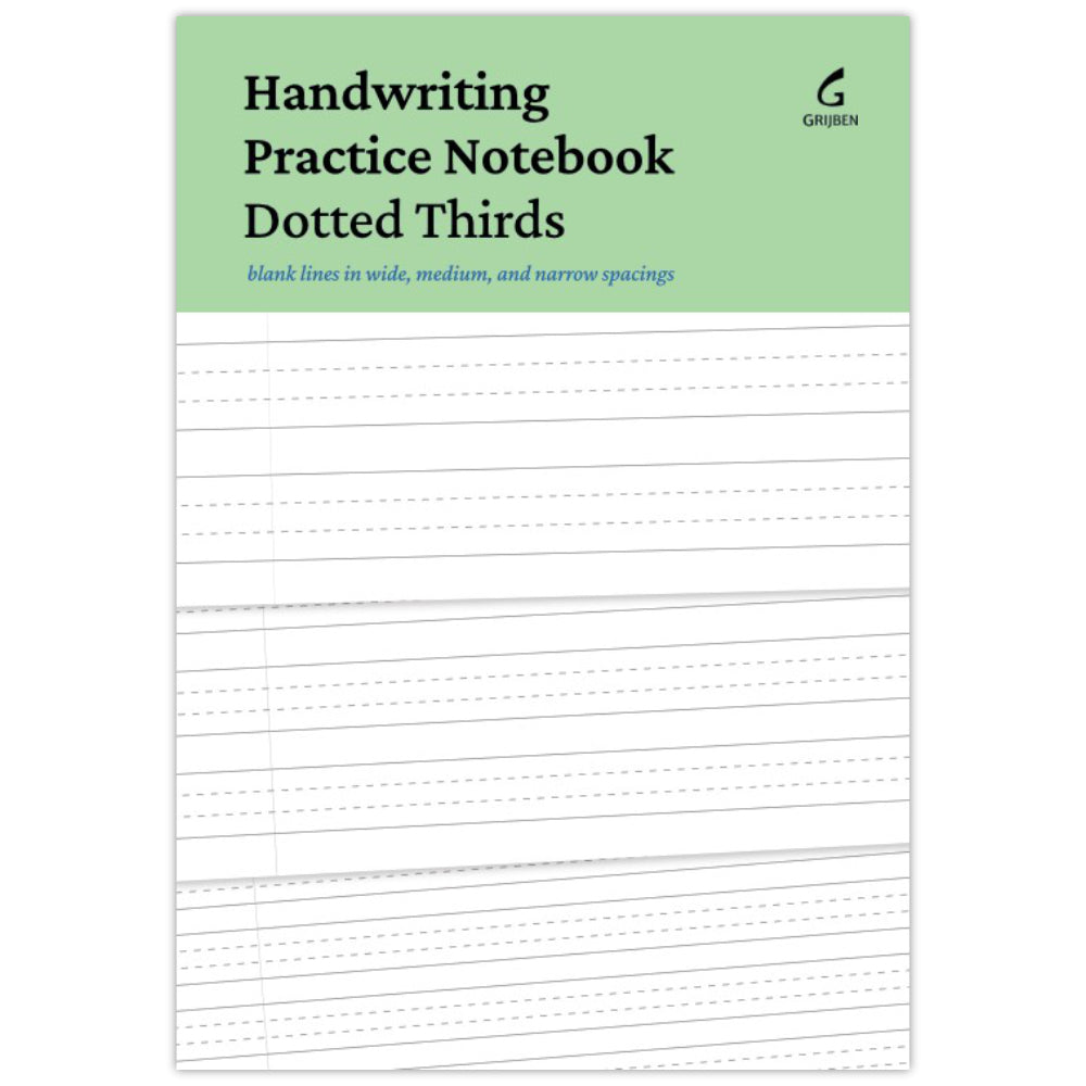 Handwriting Practice Notebook cover showing sample dotted third lines in wide, medium and narrow spacings on white paper, with a green header.