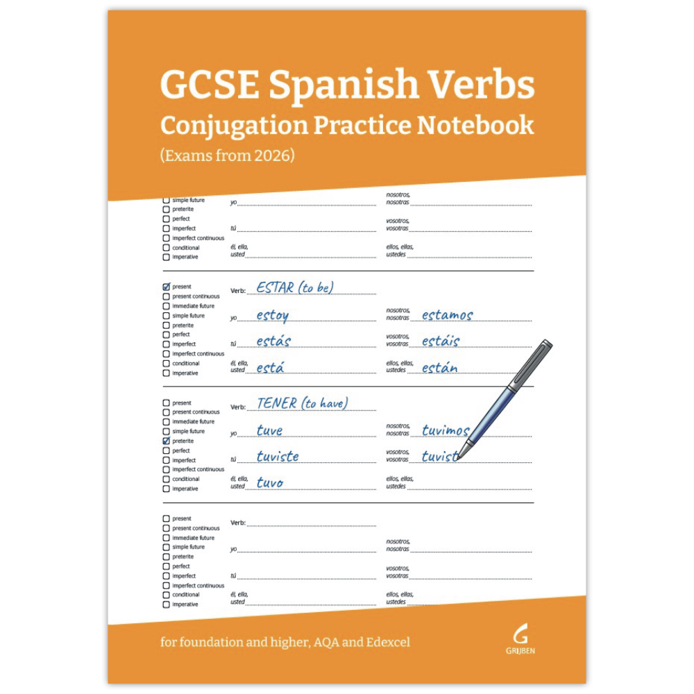 GCSE Spanish Verbs Conjugation Practice Notebook cover, featuring an orange and white design with sample conjugation exercises and a blue pen illustration.