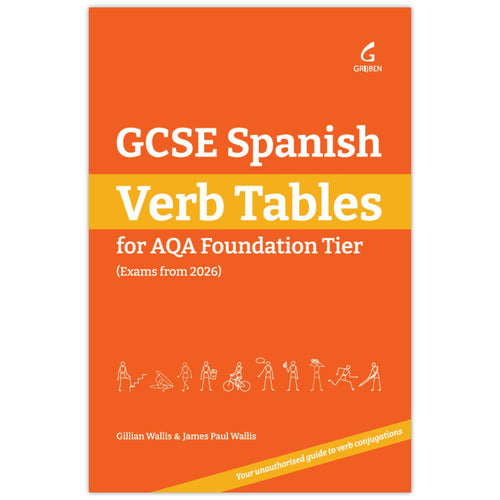 Cover image of the Grijben book GCSE Spanish Verb Tables: For AQA Foundation Tier (Exams from 2026) by Gillian Wallis and James Paul Wallis in orange with a series of stick people performing different actions and a banner reading 'Your unauthorised guide to verb conjugations'.