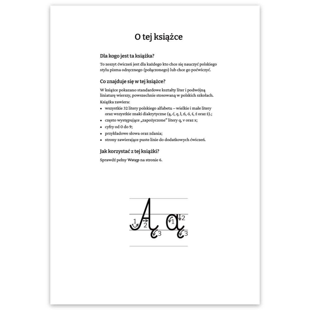 A single printed page in Polish titled 'O tej książce' with black text on a white page, showing introductory information about the book and a small cursive capital letter A and lowercase letter a sample near the bottom.