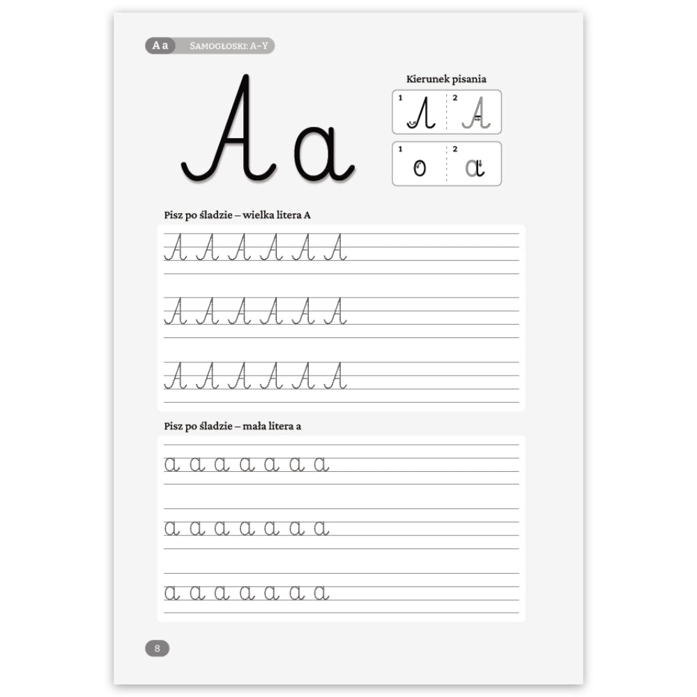 A Polish handwriting practice sheet featuring the uppercase letter A with cursive writing examples, followed by lined tracing exercises for both uppercase and lowercase letters A.