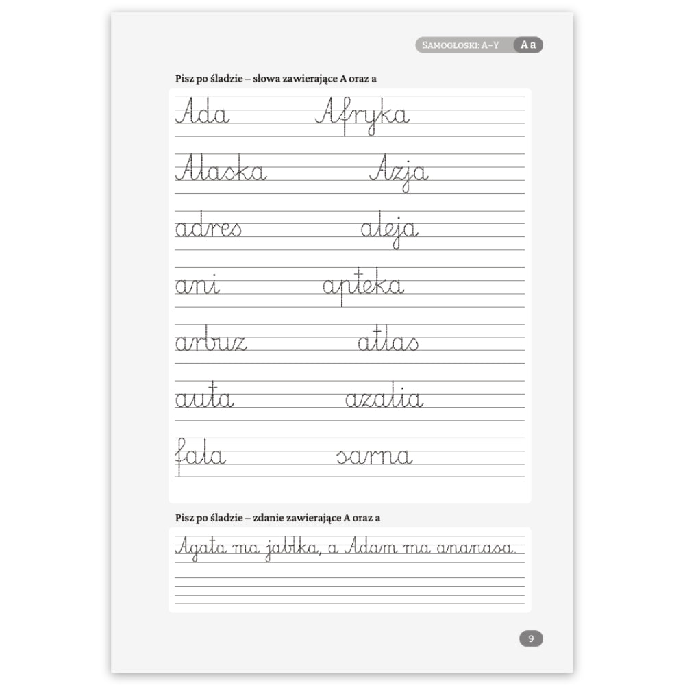 A handwriting worksheet page in Polish featuring two sections with dotted words and blank lined spaces for writing words beginning with the letter A. The page has a white background with light gray surround, and a small gray header at the top reading 'Samogłoski A–Y'.