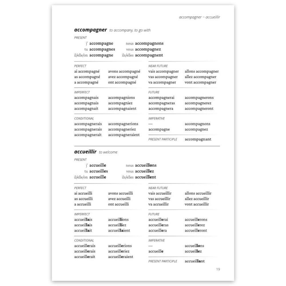 A sample page showing French verb tables in two sections (above, accompagner, and below, acceuillir) in the present, perfect, imperfect, near future, and future tenses, and conditional and imperative moods, and the present participle.