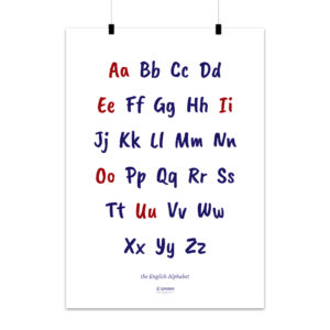 Mockup image of an English alphabet text poster in upper and lowercase with vowels highlighted in red.