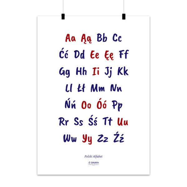Mockup image of Polish alphabet poster showing lowercase and uppercase letter with vowels highlighted in red.